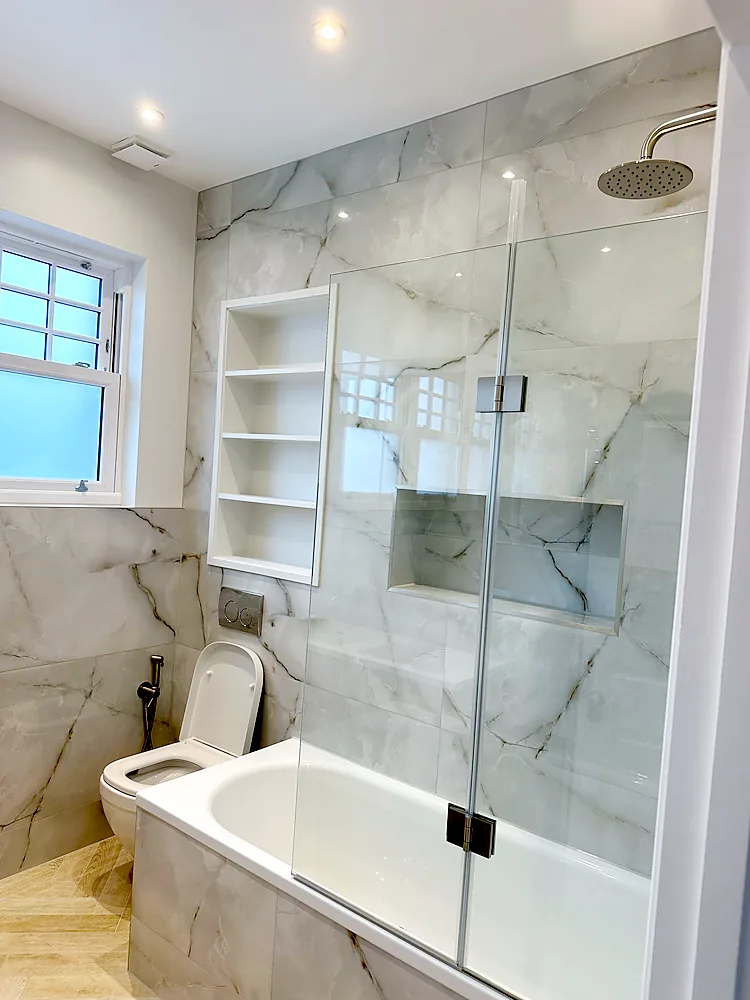 Bath glass screen marble tiles shelving niche