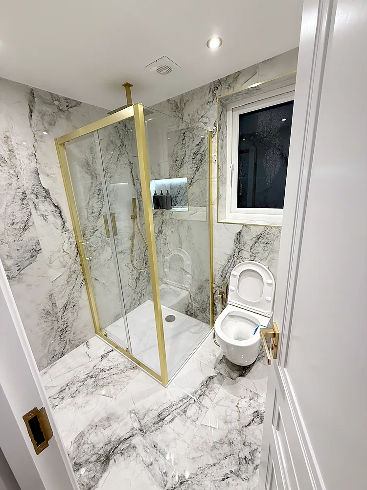 Brass shower enclosure and wall hung toilet