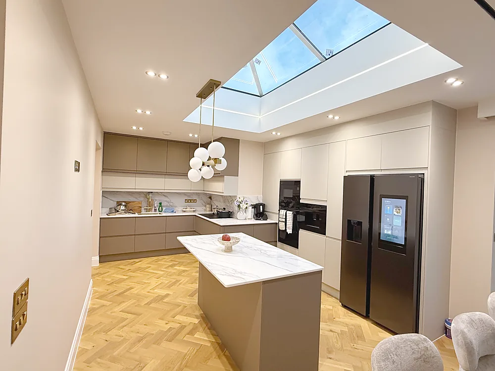 Kitchen extension roof lantern island herringbone floor
