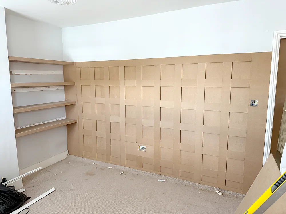 MDF grid panelling feature wall and shelves