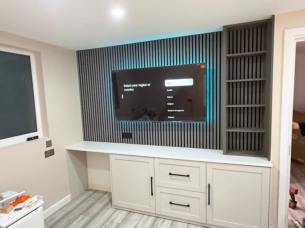 Media wall slatted panels TV and shaker units